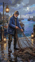 Thumbnail for Fisherman in harbor paint by numbers, old man on dock, boats and lanterns.