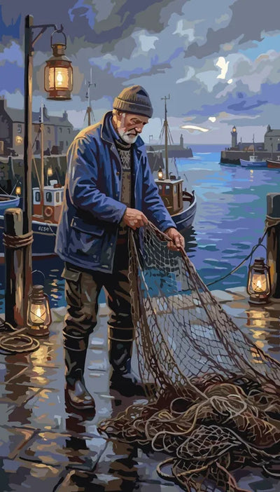 Fisherman in harbor paint by numbers, old man on dock, boats and lanterns.