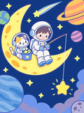 Miniatyrbild: En liten astronaut och en katt med en stjärnfylld hink på en gul månskära