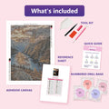 Thumbnail for What is included in the Fjord Canyon diamond painting kit - adhesive canvas, reference sheet, tools and numbered drill bags