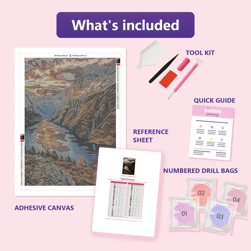 What is included in the Fjord Canyon diamond painting kit - adhesive canvas, reference sheet, tools and numbered drill bags