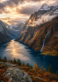 Thumbnail for Diamond Painting of a deep fjord, golden mountains, and blue water at sunset.