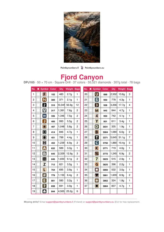 DMC color chart for Fjord Canyon diamond painting - 37 colors