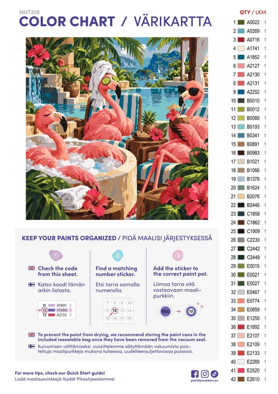 Paint color chart and instructions - Flamingo Spa Day 50x50cm