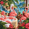 Thumbnail for Three flamingos at spa paint by numbers. Tropical pool, flowers, palm trees.