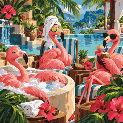 Three flamingos at spa paint by numbers. Tropical pool, flowers, palm trees.