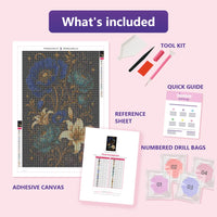 Thumbnail for Floral Arrangement 40x60cm diamond painting kit contents: adhesive canvas, color chart, tools and diamond bags