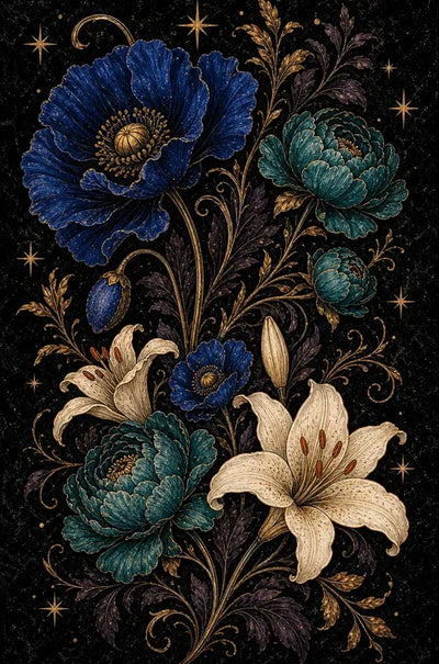 Diamond painting with blue and light-colored flowers on a dark background, with golden details.