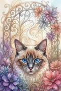 Thumbnail for Diamond painting featuring a cat's head and beautiful pastel-colored flowers on a decorative background.