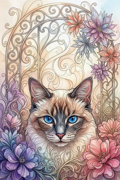 Diamond painting featuring a cat's head and beautiful pastel-colored flowers on a decorative background.