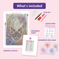 Thumbnail for Floral Cat 40x60cm diamond painting kit contents: adhesive canvas, color chart, tools and diamond bags