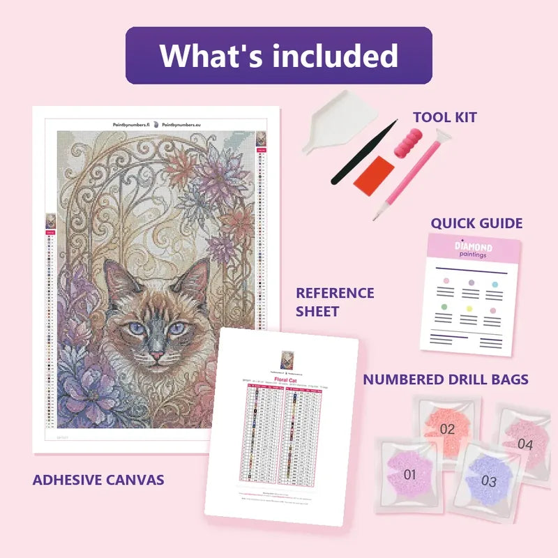 Floral Cat 40x60cm diamond painting kit contents: adhesive canvas, color chart, tools and diamond bags