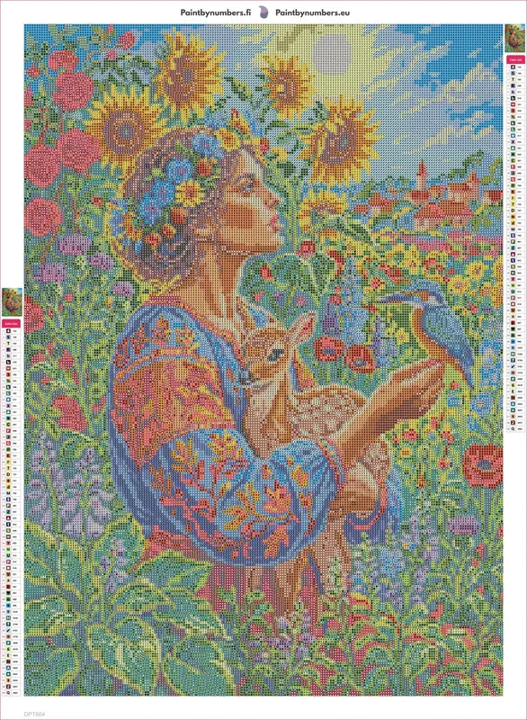 Diamond painting adhesive canvas preview - Floral Maiden With Fawn and Bird
