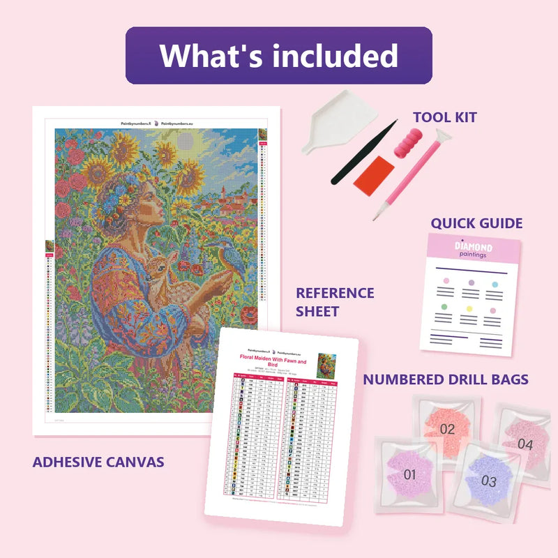 What is included in the Floral Maiden With Fawn and Bird diamond painting kit - adhesive canvas, reference sheet, tools and numbered drill bags