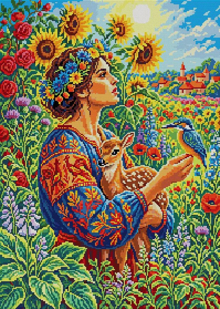 Floral Maiden With Fawn and Bird, 50x70 cm diamond painting – full design preview without the close-up inset