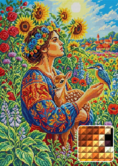 Floral Maiden With Fawn and Bird, 50x70 cm diamond painting – finished design preview with a close-up of square drills