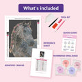 Thumbnail for Floral Mane 30x40cm diamond painting kit contents: adhesive canvas, color chart, tools and diamond bags