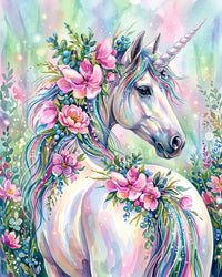 Thumbnail for Diamond painting featuring a unicorn and pastel-colored flowers and berries in a fairy-tale atmosphere.