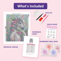 Thumbnail for Floral Unicorn 40x50cm diamond painting kit contents: adhesive canvas, color chart, tools and diamond bags