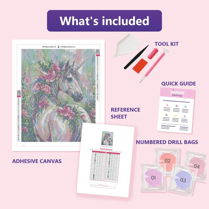 Floral Unicorn 40x50cm diamond painting kit contents: adhesive canvas, color chart, tools and diamond bags