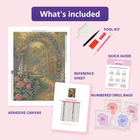 Thumbnail for Flower Garden Path 60x80cm diamond painting kit contents: adhesive canvas, color chart, tools and diamond bags