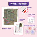 Thumbnail for What is included in the Flower Shop on a Cobbled Lane diamond painting kit - adhesive canvas, reference sheet, tools and numbered drill bags