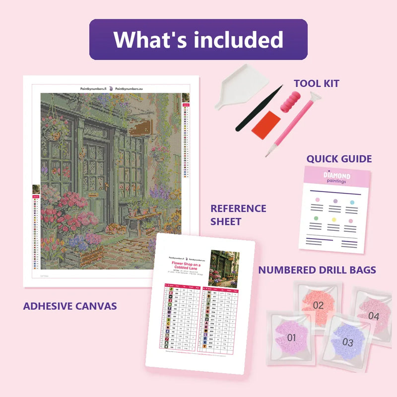 What is included in the Flower Shop on a Cobbled Lane diamond painting kit - adhesive canvas, reference sheet, tools and numbered drill bags
