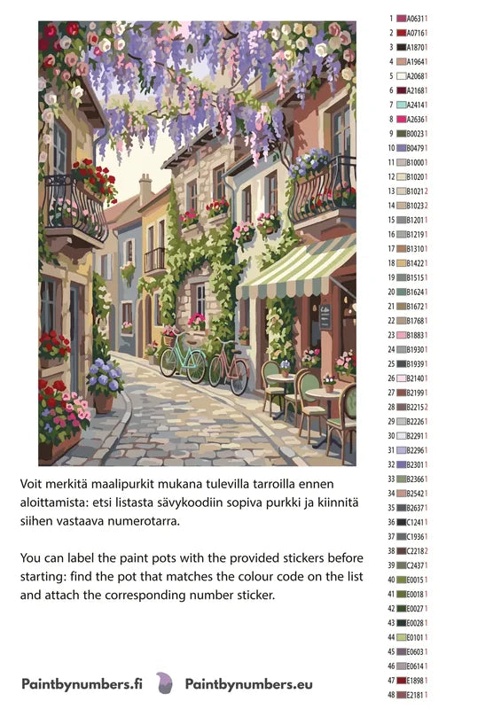 Paint color chart and instructions - Flower Street and Bicycles 50x70cm
