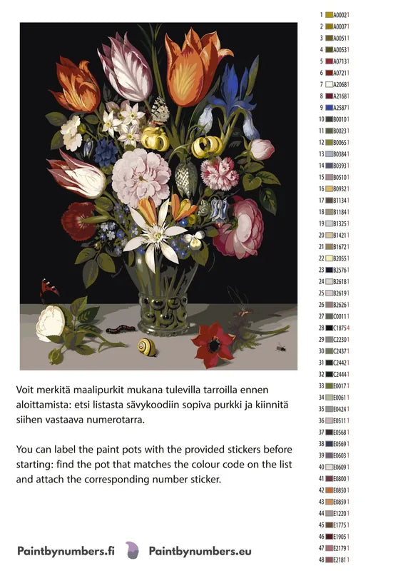 Paint color chart and instructions - Flowers in a Glass 40x50cm