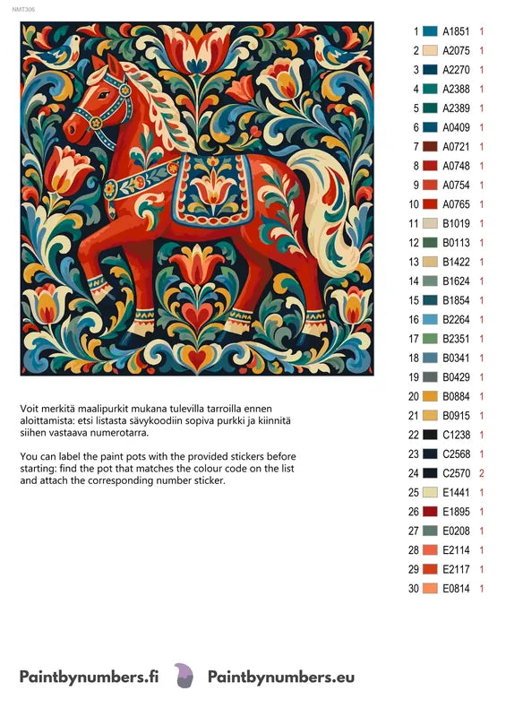 Paint color chart and instructions - Folk Art Horse 50x50cm
