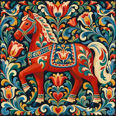 Red folk art horse with flowers paint by numbers