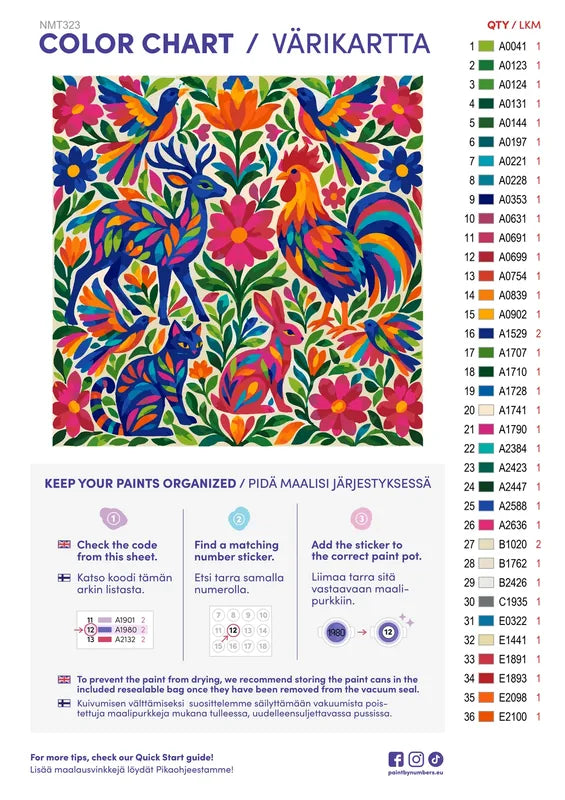 Paint color chart and instructions - Folk Embroidery Animals 50x50cm
