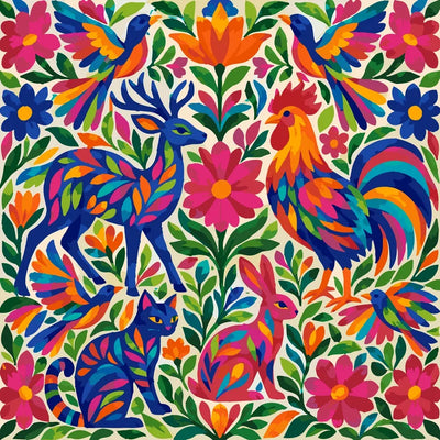 Animals and flowers pattern paint by numbers, colorful design with deer, rooster, cat, rabbit, birds and flowers.