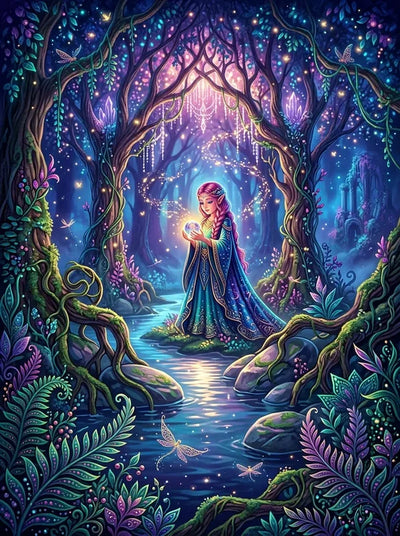 Diamond Painting of a fairy-like woman in an enchanted forest, vibrant colors and magical atmosphere.