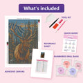 Thumbnail for What is included in the Forest Elk diamond painting kit - adhesive canvas, reference sheet, tools and numbered drill bags