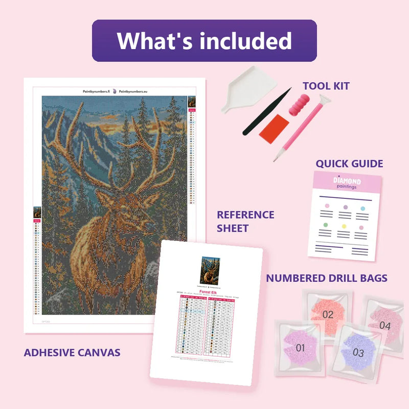 What is included in the Forest Elk diamond painting kit - adhesive canvas, reference sheet, tools and numbered drill bags
