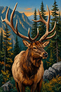 Thumbnail for Diamond Painting of an elk in a forested mountain landscape with trees and mountains in the background.