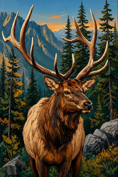 Diamond Painting of an elk in a forested mountain landscape with trees and mountains in the background.