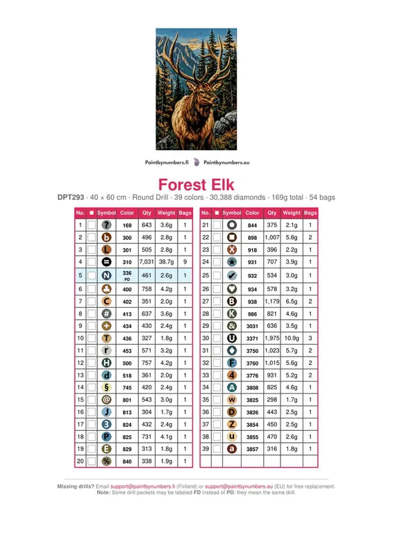 DMC color chart for Forest Elk diamond painting - 39 colors