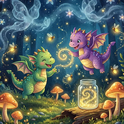 Diamond painting featuring two cheerful dragons and fireflies in a fairy-tale forest.