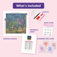 Thumbnail for Forest Fairies 40x40cm diamond painting kit contents: adhesive canvas, color chart, tools and diamond bags