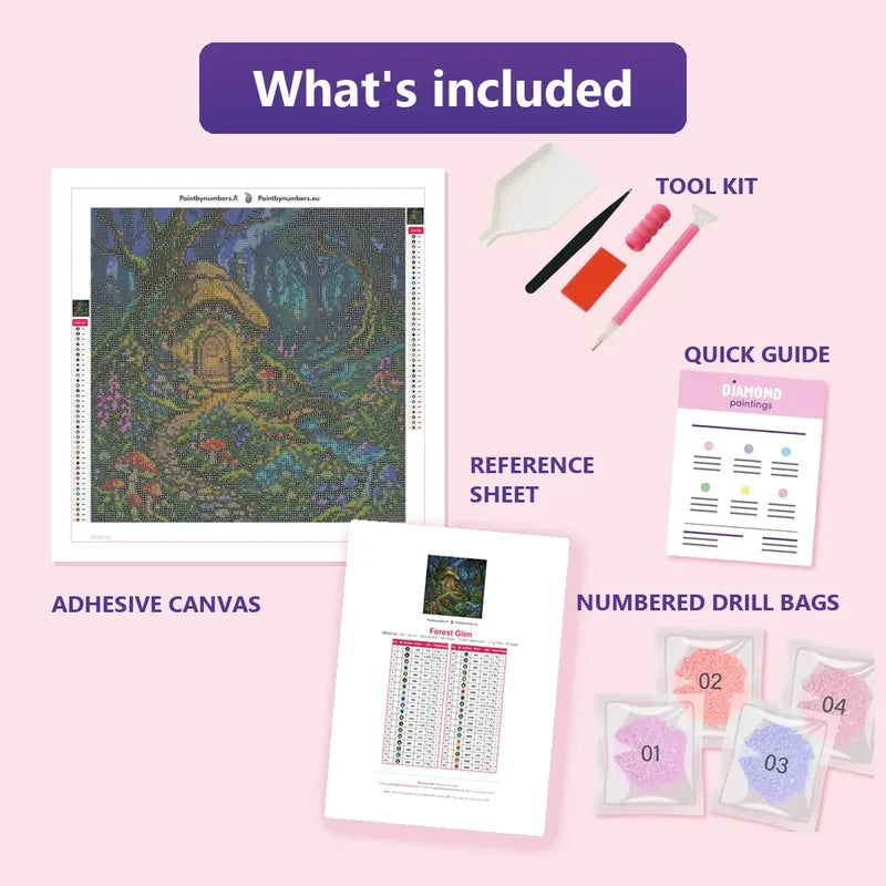 Forest Glen 40x40cm diamond painting kit contents: adhesive canvas, color chart, tools and diamond bags