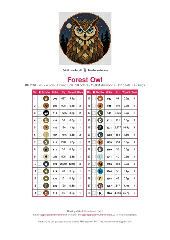 DMC color chart for Forest Owl diamond painting - 28 colors