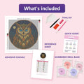 Thumbnail for Forest Owl 40x40cm diamond painting kit contents: adhesive canvas, color chart, tools and diamond bags
