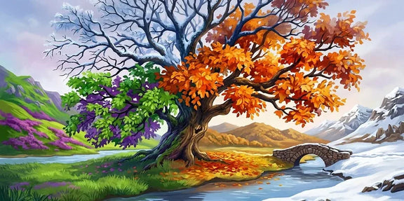 A diamond painting in which a large tree represents the four seasons in a colorful landscape.