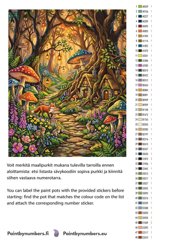 Paint color chart and instructions - Fox and Rabbits Forest Path 40x50cm