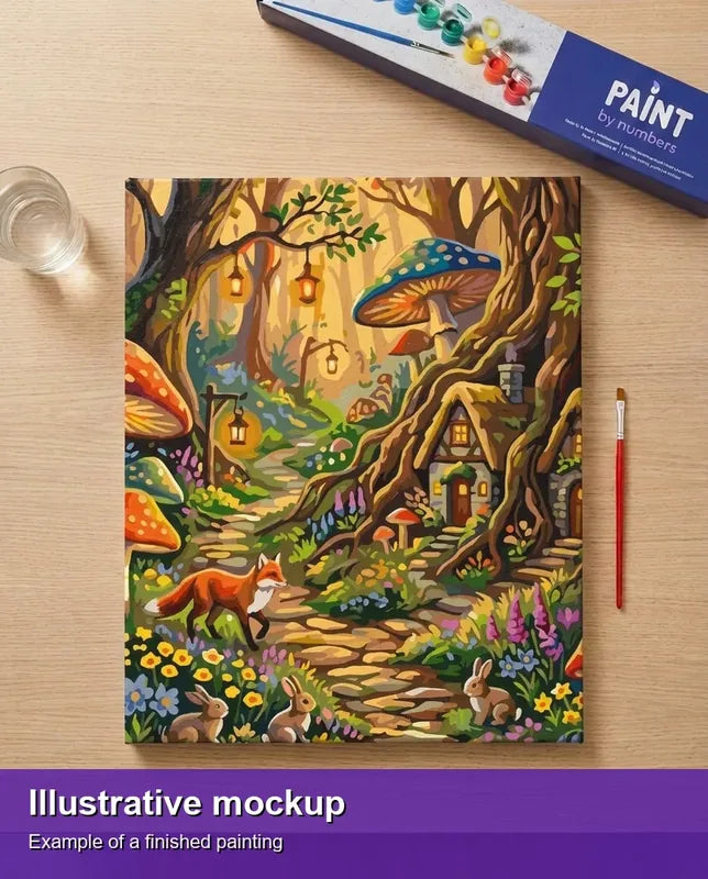 Finished paint by numbers mockup - Fox and Rabbits Forest Path 40x50cm