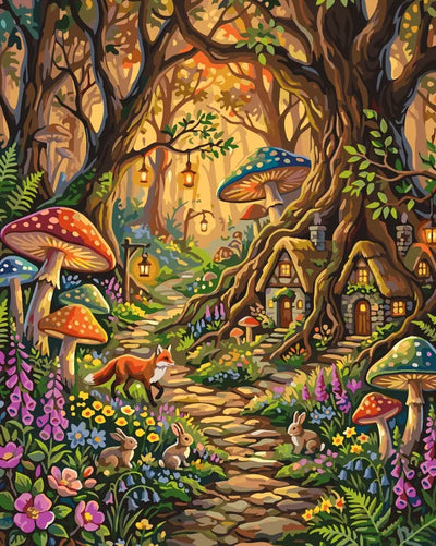 Fox and rabbits on forest path, colorful mushrooms and cottages paint by numbers.