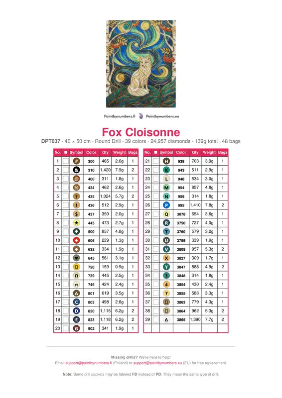 Fox Cloisonne diamond painting color chart – 39 DMC colors