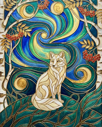 Thumbnail for Diamond painting featuring a fox sitting amid the forest and a swirling sky, surrounded by golden and green tones.